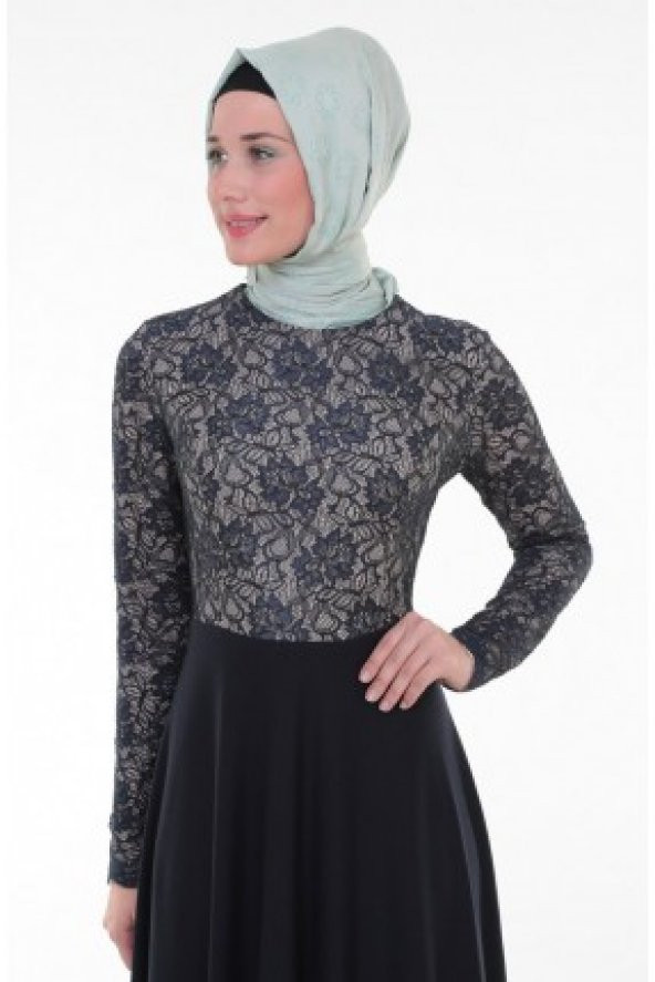 Nidya Moda Tesettür Üst Dantelli Uzun Lacivert Abiye Elbise-4045TL - 3