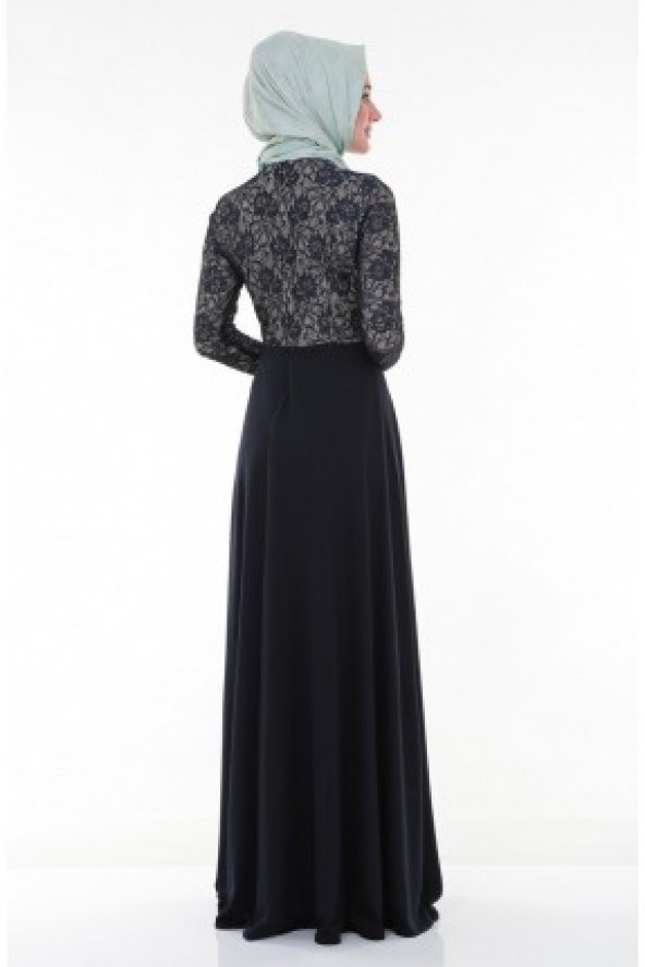 Nidya Moda Tesettür Üst Dantelli Uzun Lacivert Abiye Elbise-4045TL - 4