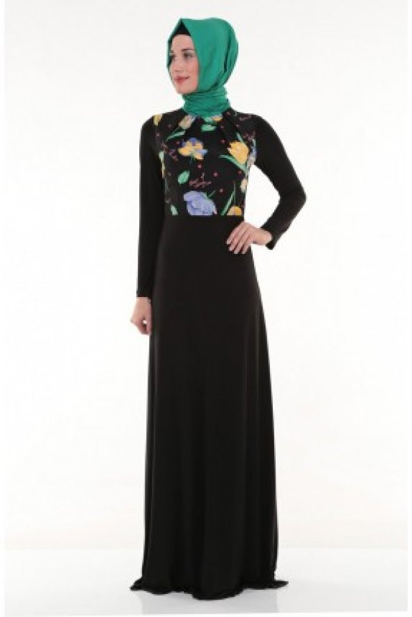 Nidya Moda Tesettür Yaka Pilili Üst Çiçek Kombinli Siyah Abiye Uzun Elbise-4046TS