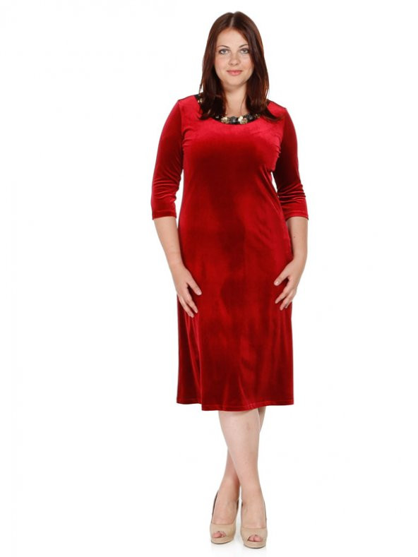 Nidya Moda Büyük Beden Bahar Yaka Kırmızı Kadife Abiye Elbise-4076AK