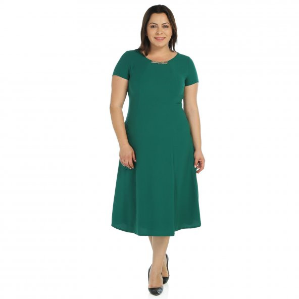 Nidya Moda Büyük Beden Yaka Taş Aksesuar Yeşil Abiye Elbise-4088Y