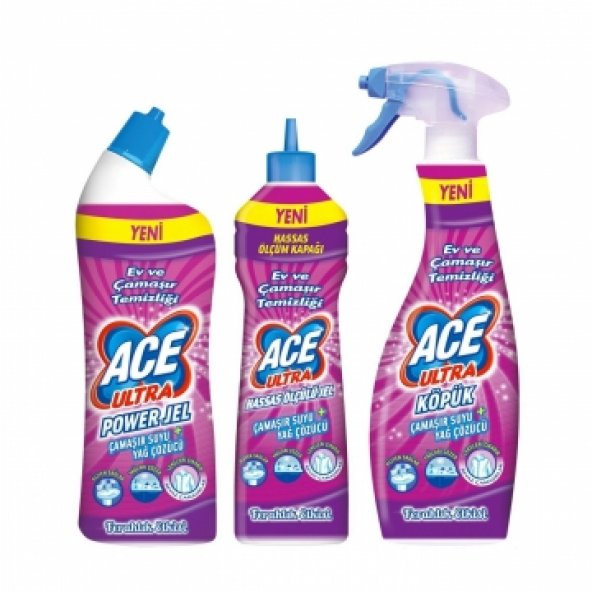 Ace Ultra Çamaşır Suyu + Yağ Sökücü Ferahlık Etkisi 3lü Set (Köpük + Jel + Hassas Ölçülü Jel)