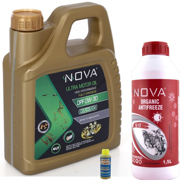 Nova 0W-30 4 Litre Tam Sentetik Motor Yağı+1,5LT Kırmızı Antifriz