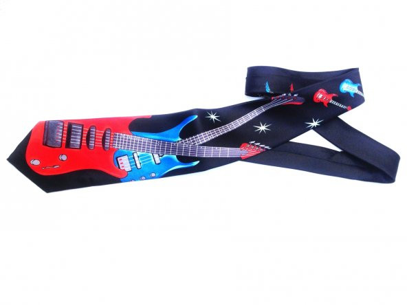 Elektrogitar Desenli Polyester Siyah Kravat