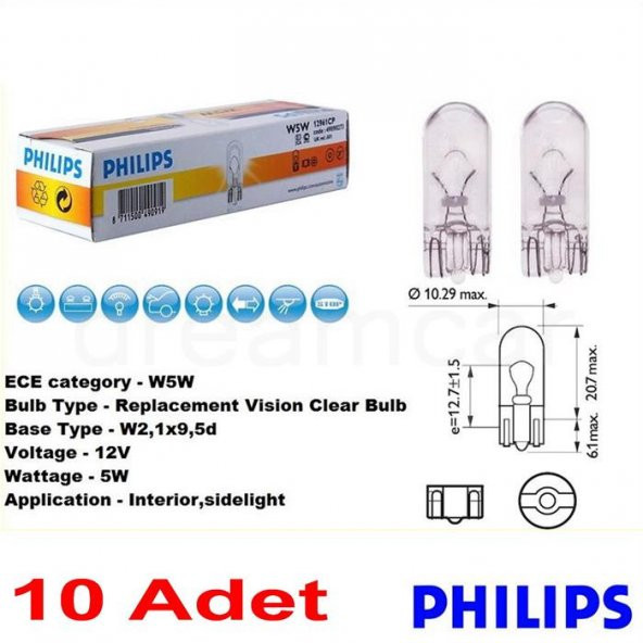 Philips T10 Büyük Dipsiz 12V5W 10lu Paket 12961CP