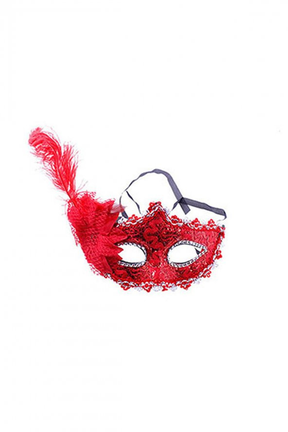 Kırmızı Tüylü Dantel Balo Maskesi