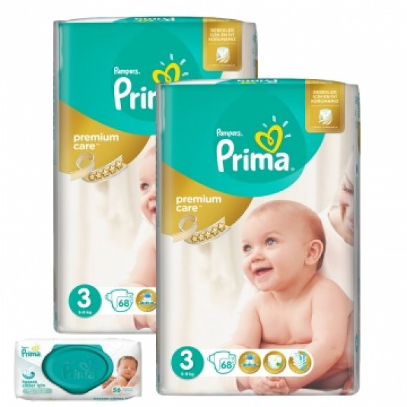Prima Premium Care No:3 Bebek Bezi 2 ’li Mega Paket 136 Adet 56 lı Islak Havlu Hediyeli