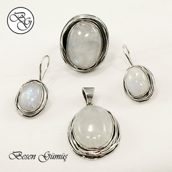 Besen Gümüş  Özel Tasarım Doğal Ay Taşı Sarma Gümüş Set