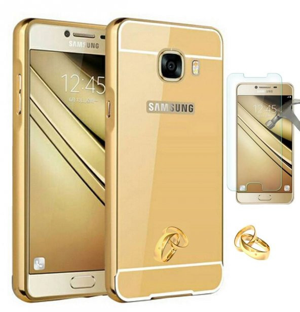 Samsung Galaxy C5 Aynalı Metal Kapak Kılıf Gold + Cam Ekran Koruyucu