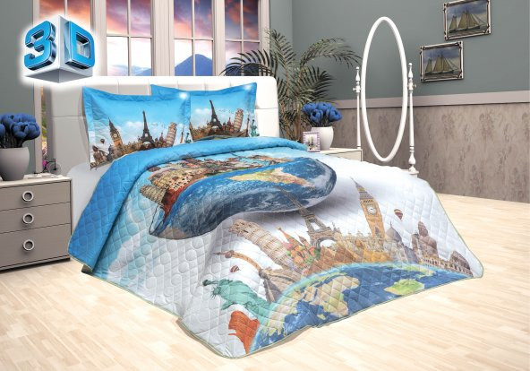 3D Yatak Örtüsü-WorldCity-Mavi