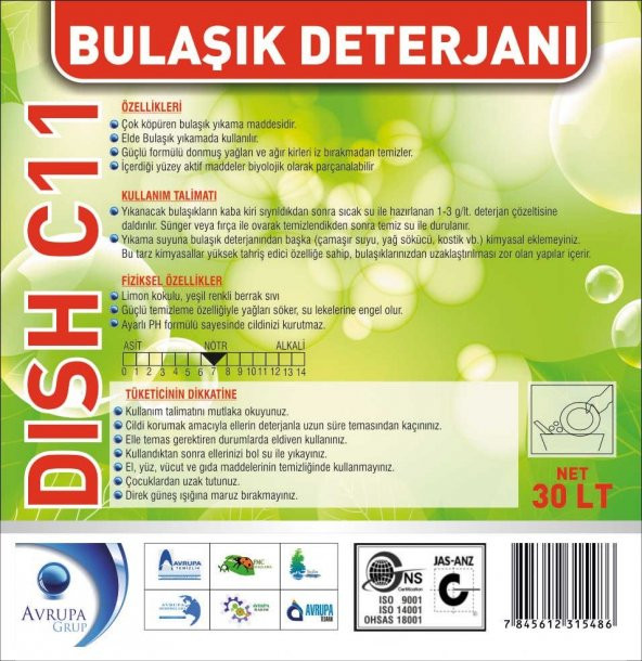 DISH C11 Bulaşık Deterjanı Standart 30 Litre