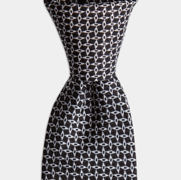Siyah Beyaz Geometrik Desenli İpek Kravat