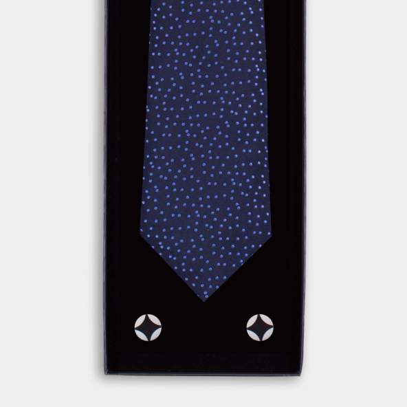 Lacivert Mavi Kravatlı Metal Kol Düğmeli Hediye Seti
