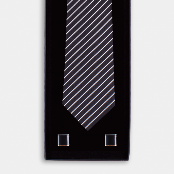Siyah Beyaz İpek Kravatlı Metal Kol Düğmeli Hediye Seti