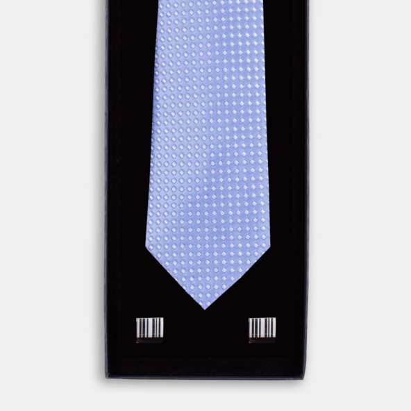 Mavi Beyaz İpek Kravatlı Metal Kol Düğmeli Hediye Seti