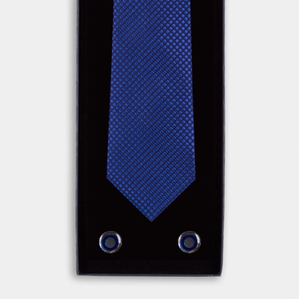 Lacivert Mavi İpek Kravatlı Metal Kol Düğmeli Hediye Seti