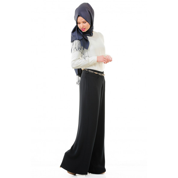 BAYAN ABİYE BOL PANTALON,ZİNCİR KEMERLİ SORALLİNE 1678 LACİVERT - 2