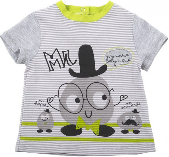 Gülen Surat Baskılı T-Shirt, Mr&Miss Puppet Açık Gri/Beyaz Çizgili