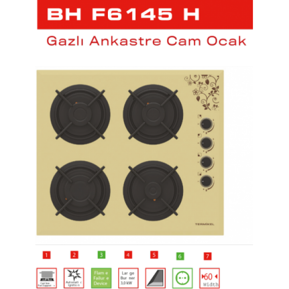 Termikel BH F6145 H Ankastre Gazlı Cam Ocak