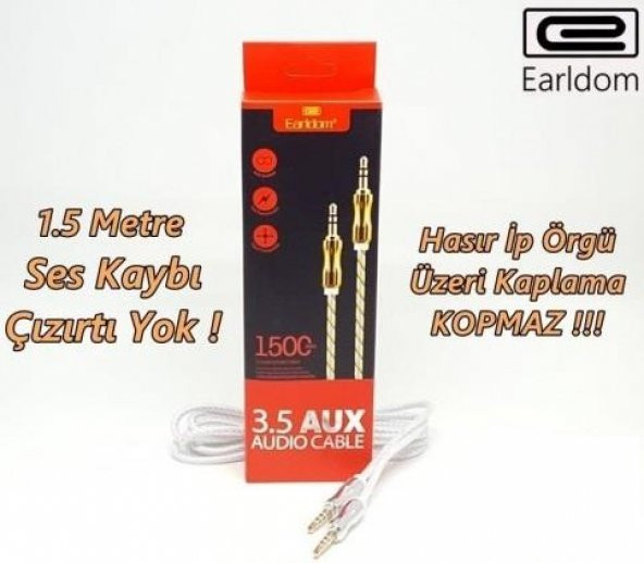 EarlDom 1.5 Metre Aux Kablo 3.5mm Altın Uçlu Araç Oto Aux Kablosu