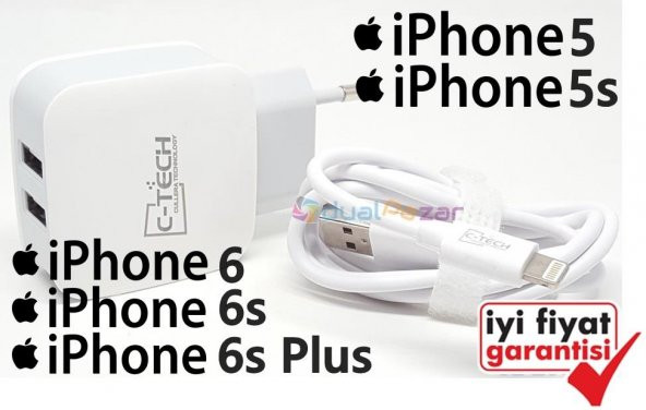 C-Tech iPhone 5 iPhone 5S Şarj Aleti Şarj kablosu Çift Usb 2.1A