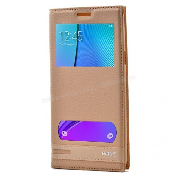 Samsung Galaxy Note 5 Özel Çift Pencereli Kılıf Sarı