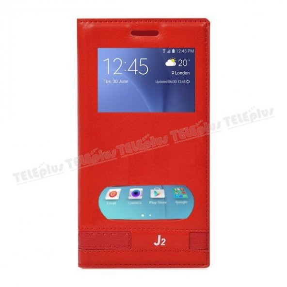 Samsung Galaxy J2 Çift Pencereli Mıknatıslı Kılıf Kırmızı