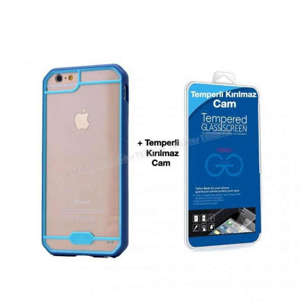İPhone 6s Desenli Silikon Kılıf Mavi + Temperli Kırılmaz Cam