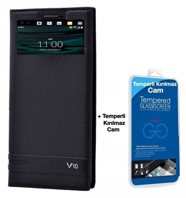 LG V10 Lüx Pencereli Kılıf Siyah + Cam Ekran Koruyucu