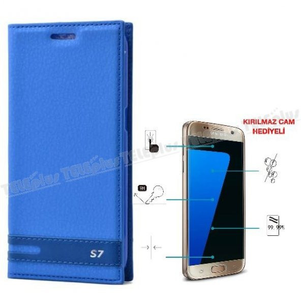 Samsung Galaxy S7 Mıknatıslı Kılıf Mavi + Kırılmaz Cam