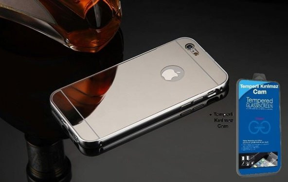 İPhone 6 Plus Aynalı Metal Kapak Gümüş + Cam Ekran Koruyucu
