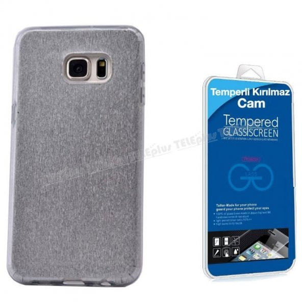 Galaxy S6 Edge Plus Simli Silikon Kılıf Gümüş + Kırılmaz Cam Kavis Dahil