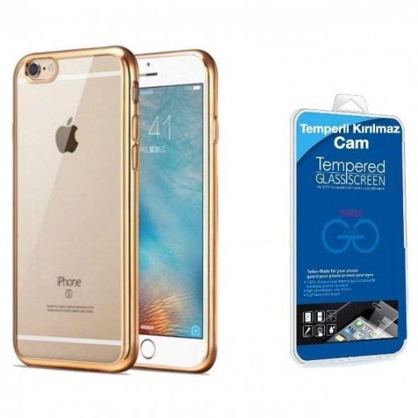 iPhone 6s Lazer Silikon Kılıf Gold + Cam Ekran Koruyucu