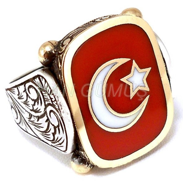 925 ayar gümüş erkek yüzük kare türk bayrağı ay yıldız