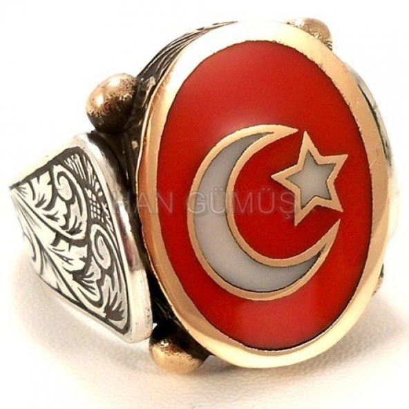 925 ayar gümüş erkek yüzük oval türk bayrağı ay yıldız