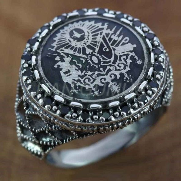 925 ayar gümüş erkek yüzük osmanlı arması siyah mineli