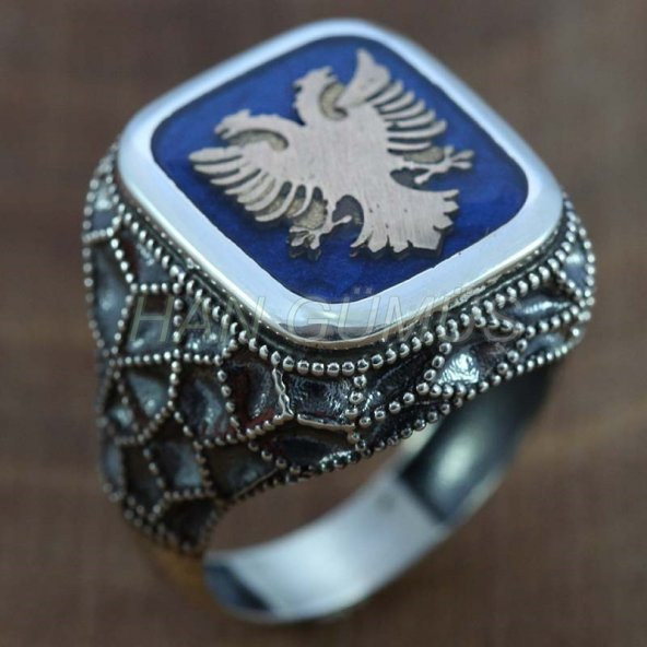 925 ayar selçuklu kartalı erkek yüzüğü içi mavi