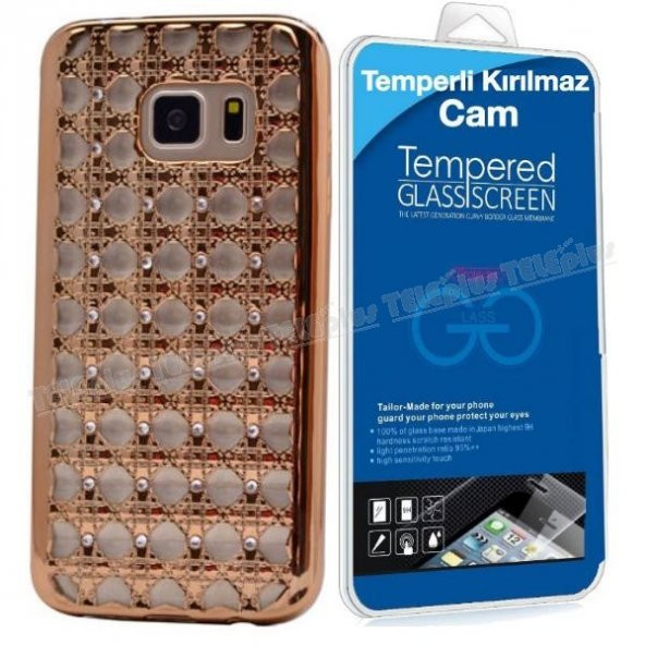 Samsung Galaxy S6 Edge Taşlı Desenli Silikon Kılıf Gümüş + Kırılmaz  Cam
