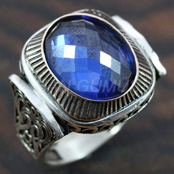 925 ayar gümüş erkek yüzük fasetli safir mavi kayı model