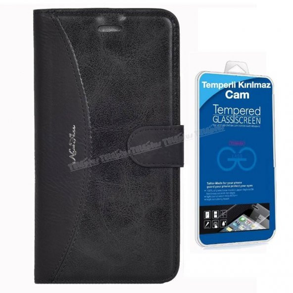 Samsung Galaxy Note 5 Cüzdanlı Kılıf Siyah + Kırılmaz Cam