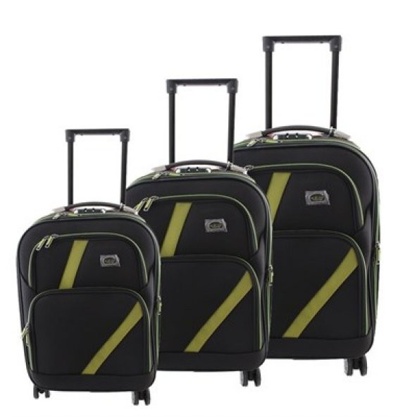 ÇÇS 069 Trolley Kumaş Valiz Bavul Seti Siyah Yeşil