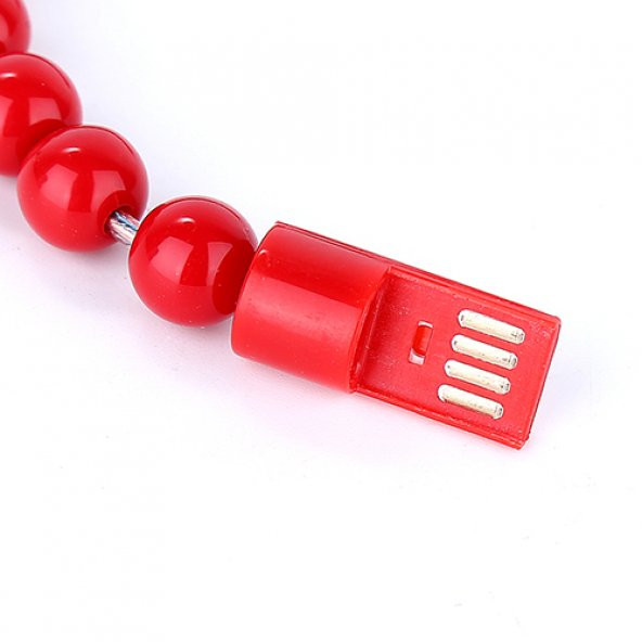 Micro USB Boncuk Bileklik USB Data Kablosu Kırmızı - 4