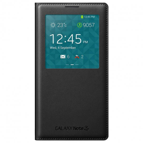 Samsung N9000 Note 3 S View Dikişli Deri Pencereli Kılıf Siyah