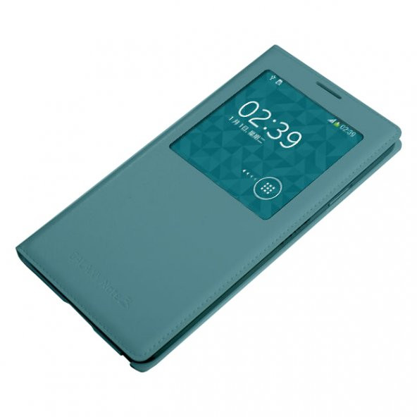 Samsung N9000 Note 3 S View Dikişli Deri Pencereli Kılıf İnci Mavi