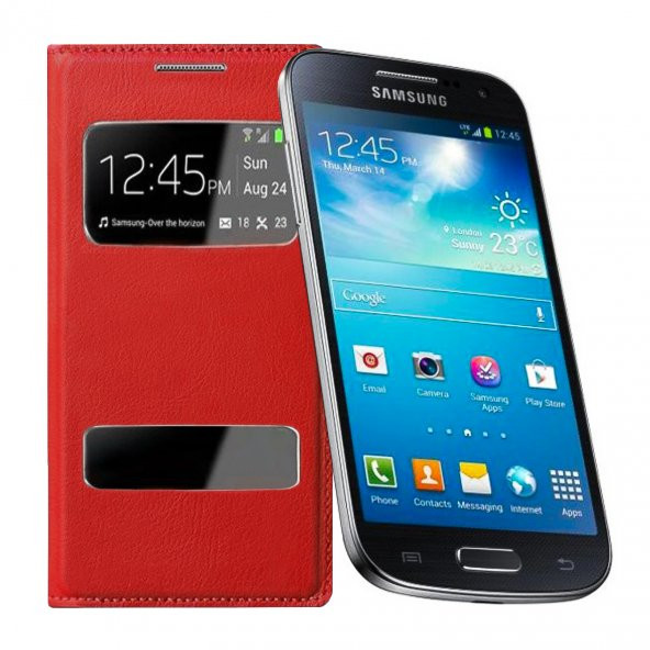 Samsung I9190 Galaxy S4 Mini S View Dikişli Deri Pencereli Kılıf Kırmızı