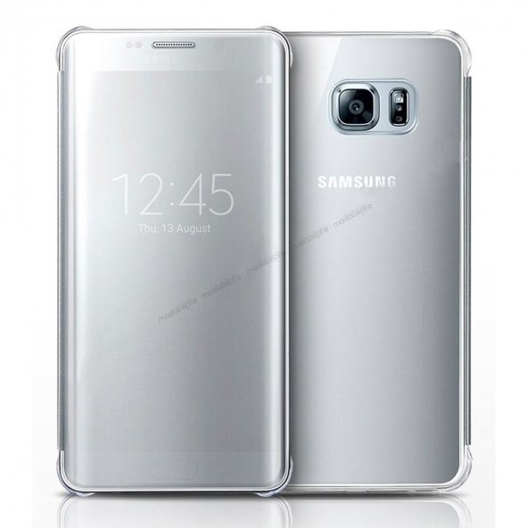Samsung Galaxy S6 EDGE (G925) Dikişli S View Cover Uyku Modlu Kılıf Silver