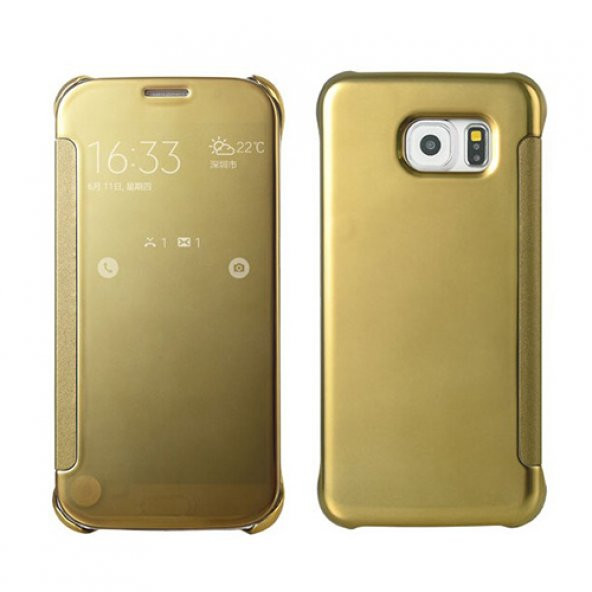 Samsung Galaxy S6 (G920) S View Şeffaf Cover Uyku Modlu Kılıf Gold