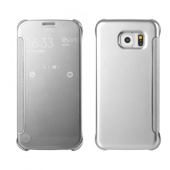 Samsung Galaxy S6 (G920) S View Şeffaf Cover Uyku Modlu Kılıf Silver