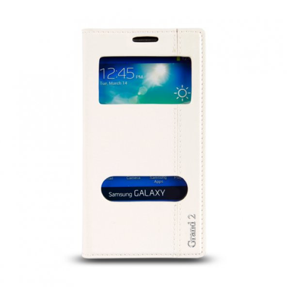 Samsung Galaxy Grand 2 (G7100) Gizli Mıknatıslı Pencereli Magnum Kılıf Beyaz