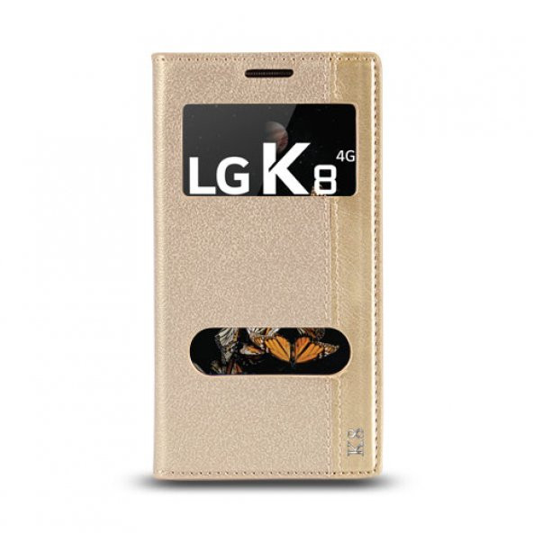 LG K8 K350 Gizli Mıknatıslı Pencereli Magnum Kılıf Gold